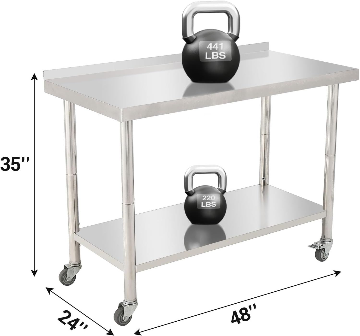 Garvee 48"L x 24"W x 35"H Stainless Steel Work Table Heavy Duty Prep Table with Undershelf, High Load Bearing Metal Table, Commercial Worktable with Backsplash, 4 Wheels, Hooks for Kitchen