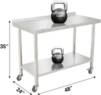 Garvee 48"L x 24"W x 35"H Stainless Steel Work Table Heavy Duty Prep Table with Undershelf, High Load Bearing Metal Table, Commercial Worktable with Backsplash, 4 Wheels, Hooks for Kitchen