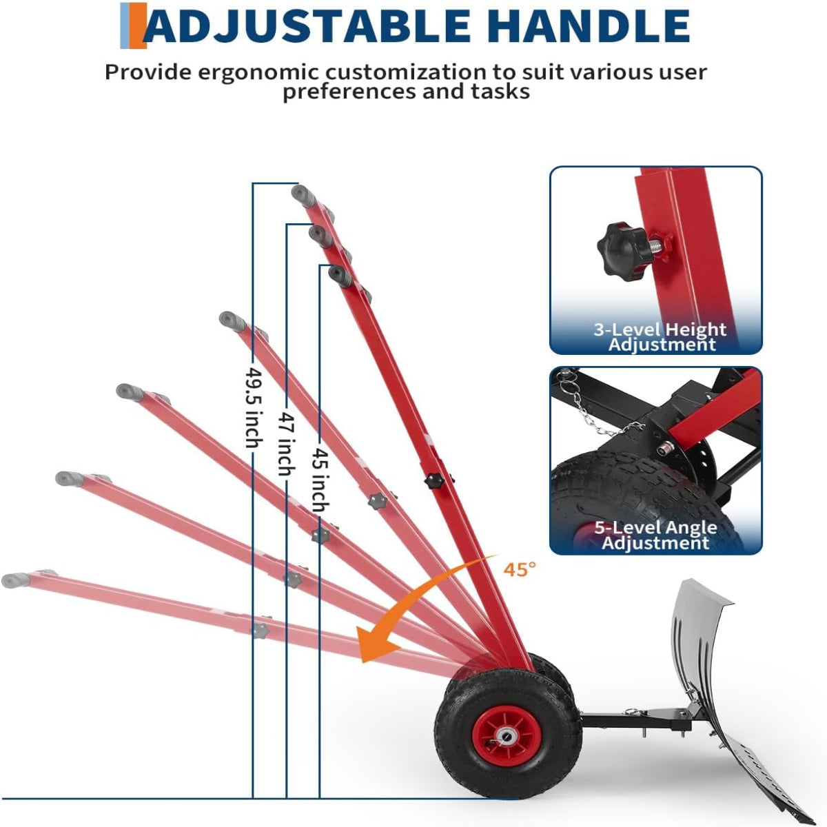 Garvee Snow Shovel 29x14 in Heavy Duty Metal 5-Position Angled Blade Adjustable Handle Wheels for Driveway Sidewalk Winter Use