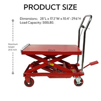 Garvee Hydraulic Lift Table Cart 500LBS Double Scissor Lift Table, Cart Lift Table Cart 29.6" Lifting Height with 4 Wheels and Foot Pump, Hydraulic Cart for Material Handling and Freight Lifting - 500LBS