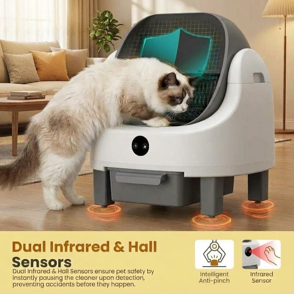 Garvee Self Cleaning Litter Box, Automatic Litter Box for Multiple Cats, Open-Top Robot with APP Control & Real-Time Monitor, Odor Control for Multiple Cats, 9L Capacity, Infrared Safety Sensor