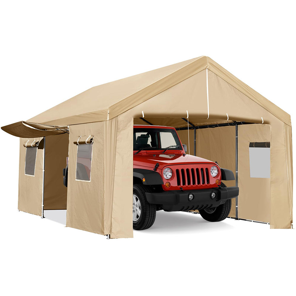 Garvee 10'x20' Carport Canopy, Portable Garage with Zipper Door, Ventilated Windows & Removable Sidewalls for Truck, Boat, Grey