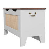 Garvee Wooden Rattan Storage Chest with Safety Hinge, Flip Top, 30" Bench, White, for Entryway, Living Room, Bedroom - Brown top plate + white cabinet
