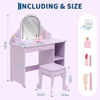 Garvee Kids Vanity with Lighted Mirror & Stool, 2 In 1 Little Girls Vanity and Wooden Makeup Playset with Adjustable LED Light, Storage Drawer & Shelves for Girls 3-9, Purple