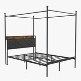 Garvee Queen Canopy Bed Frame with Charging Station, Metal Platform, Upholstered Linen Headboard, 4" Storage Shelf, 11" Underbed Space, Steel Slats, Noise-Free, No Box Spring Needed, Bedroom - Gray