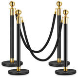 Garvee 4PCS Stanchion Posts Queue with Black Velvet Rope for Crowd Control, 5 ft Black Carpet Ropes, Durable Stainless Steel, Gold & Black