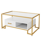 Garvee Modern Glass Coffee Table with Storage - Tempered Glass Top, Gold Frame, 2 Drawers, White - Ideal for Living Room, Apartment, Office - White board gold frame