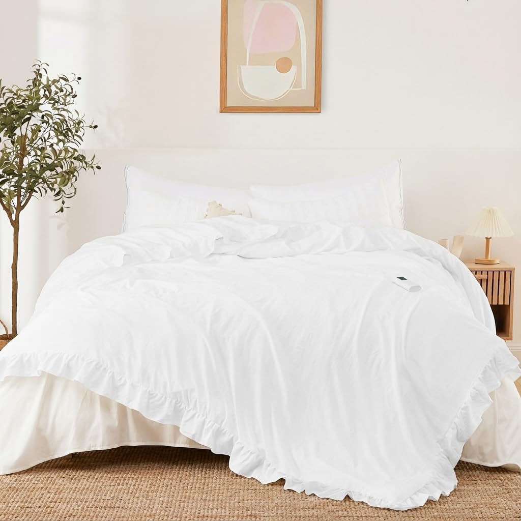 Garvee Heated Comforter Blanket Queen Size, Dual-zone Heating, Ruffle Electric Quilt with Wireless LCD Controller, Fast Heating & Overheat Protection, ETL Certified, Machine Washable, White, 90"x90"