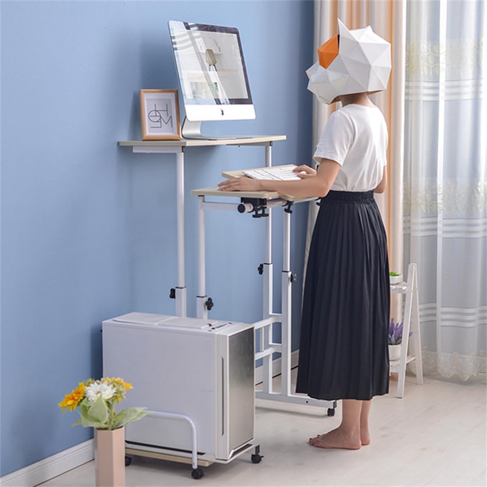 Garvee Portable Standing Desk Adjustable Height 26.4"-61", Mobile Computer Desk with Wheels, Tiltable Top & CPU Stand, Rolling Laptop Table Cart for Home Office, White