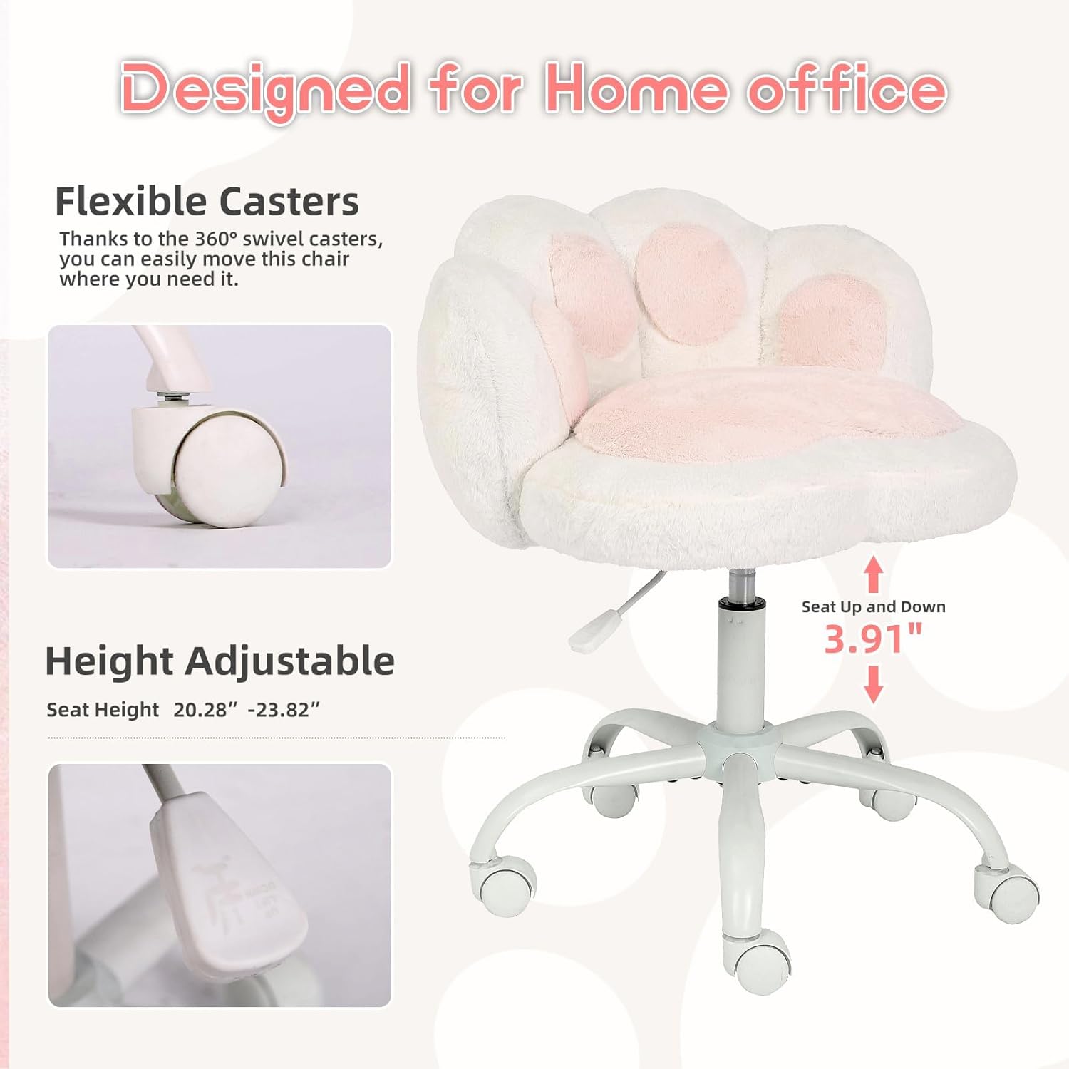 Garvee Cute Cat Paw Vanity Chair – Armless, Soft Cushion, Adjustable Height, Swivel Wheels, Soft Stuffed Fabric, Lumbar Support, Makeup or Office Stool, Color: White + Powder