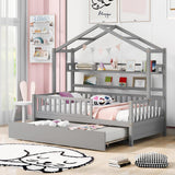 Garvee Wooden Platform Bed with Trundle, Playhouse Bed Frame with Roof, Storage Shelves, Safety Guardrail, Full Size, Natural Wood - Gray
