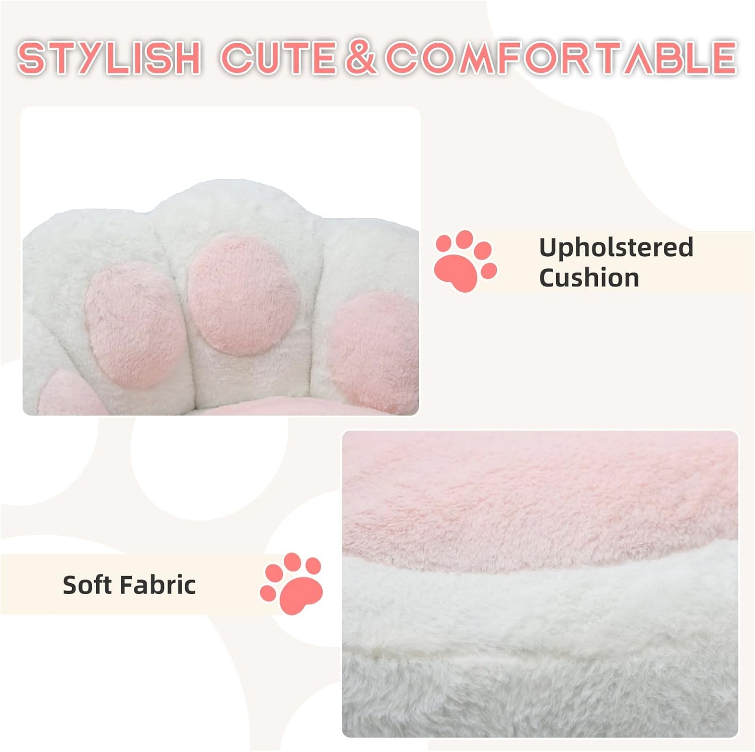 Garvee Cute Cat Paw Vanity Chair – Armless, Soft Cushion, Adjustable Height, Swivel Wheels, Soft Stuffed Fabric, Lumbar Support, Makeup or Office Stool, Color: White + Powder