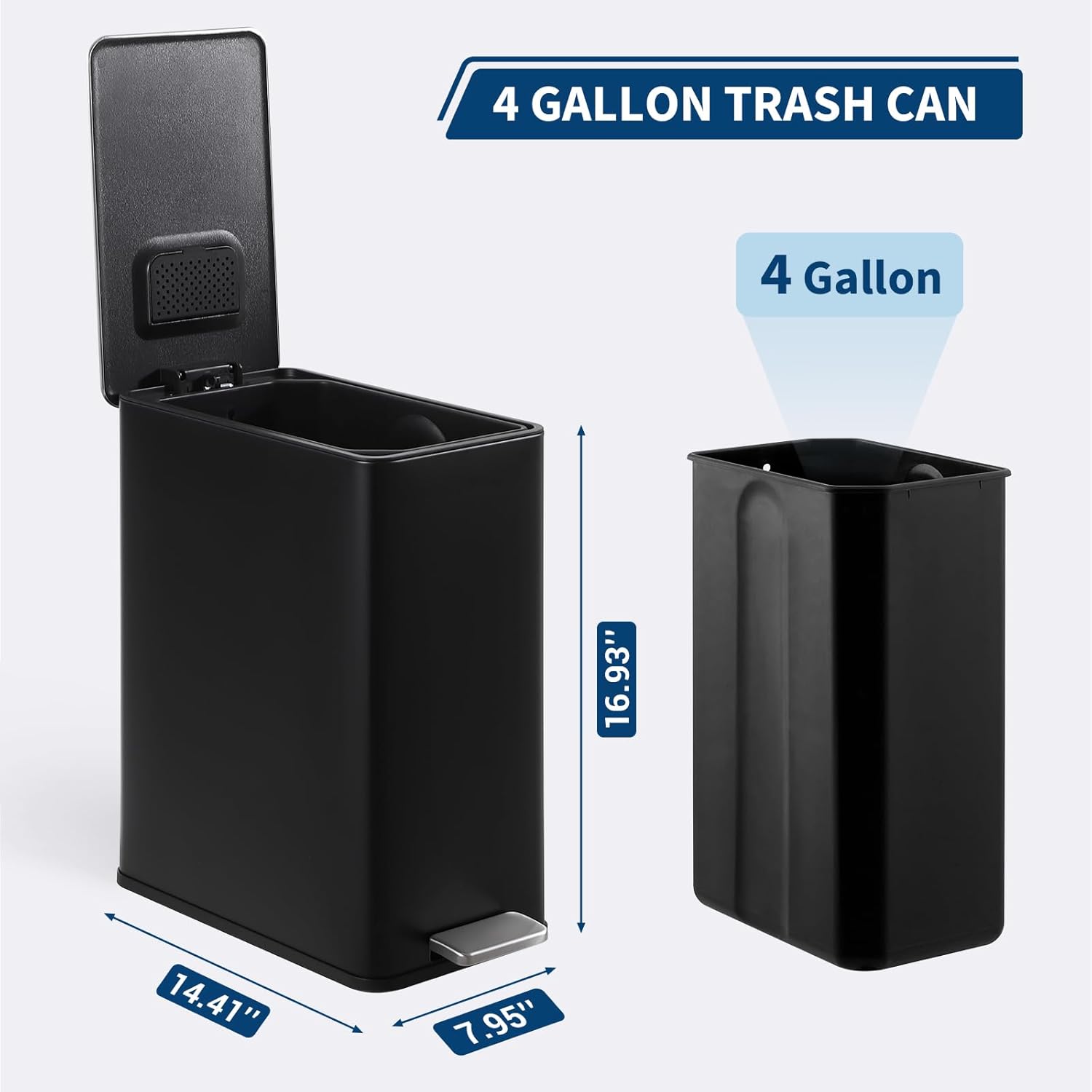 Garvee 4 Gallon Stainless Steel Step Trash Can with Removable Inner Bucket and Soft-Close Lid for Bathroom Living Room and Office, Black