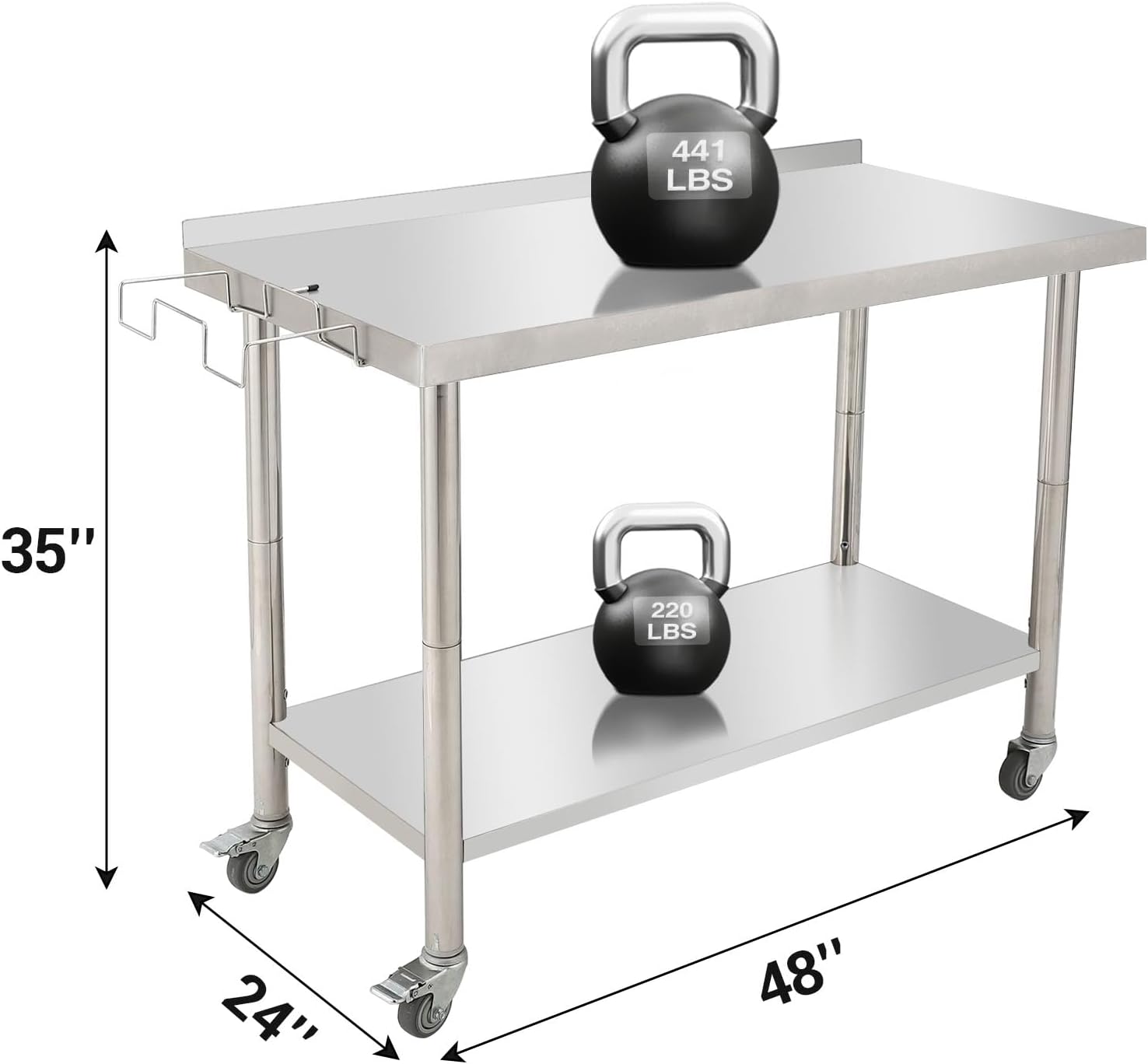 GARVEE 48"L x 24"W x 35"H Stainless Steel Work Table - Heavy-Duty Prep Table with Undershelf, Backsplash, Wheels, and Garbage Rack for Kitchen and Commercial Use