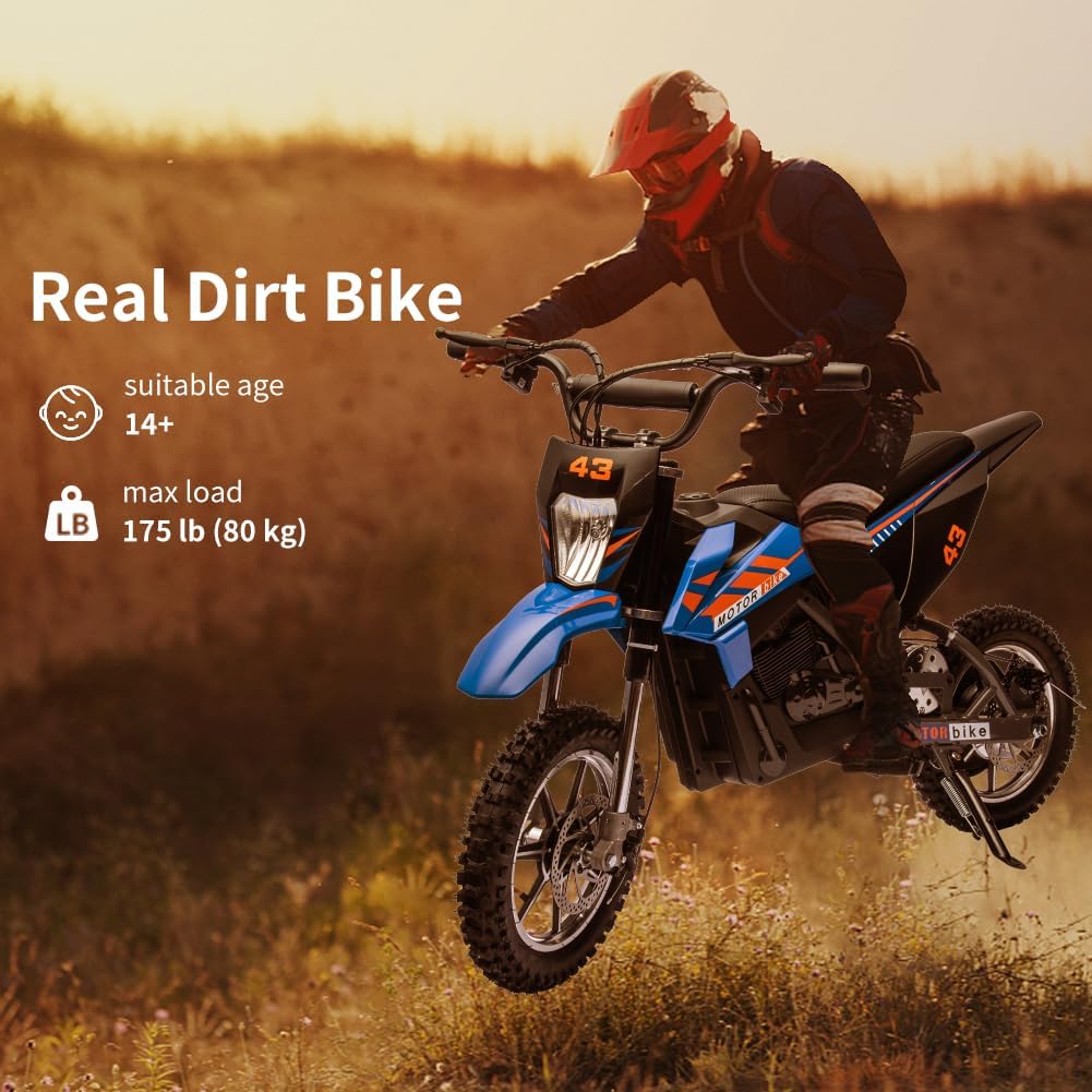 Garvee Ride - T Series: 36V Kids Electric Dirt Bike, 350W/15.5MPH Brushless Motor, LED, Comfortable Leather Seat, 175lbs Max Load Capacity-Blue