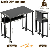 Garvee Folding Desk Small Rolling Desk with Storage Shelf, 24.8 Inch Foldable Computer Table with Wheels, Portable Office Desk for Small Space End Table,Writing Work Office Computer Desk, Black