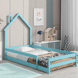 Garvee Twin Size Floor Bed for Children with House-Shaped Frame Headboard, Full-Length Guardrails, Wood Platform, Safe Play and Sleep Area, Natural Wood Color - Blue