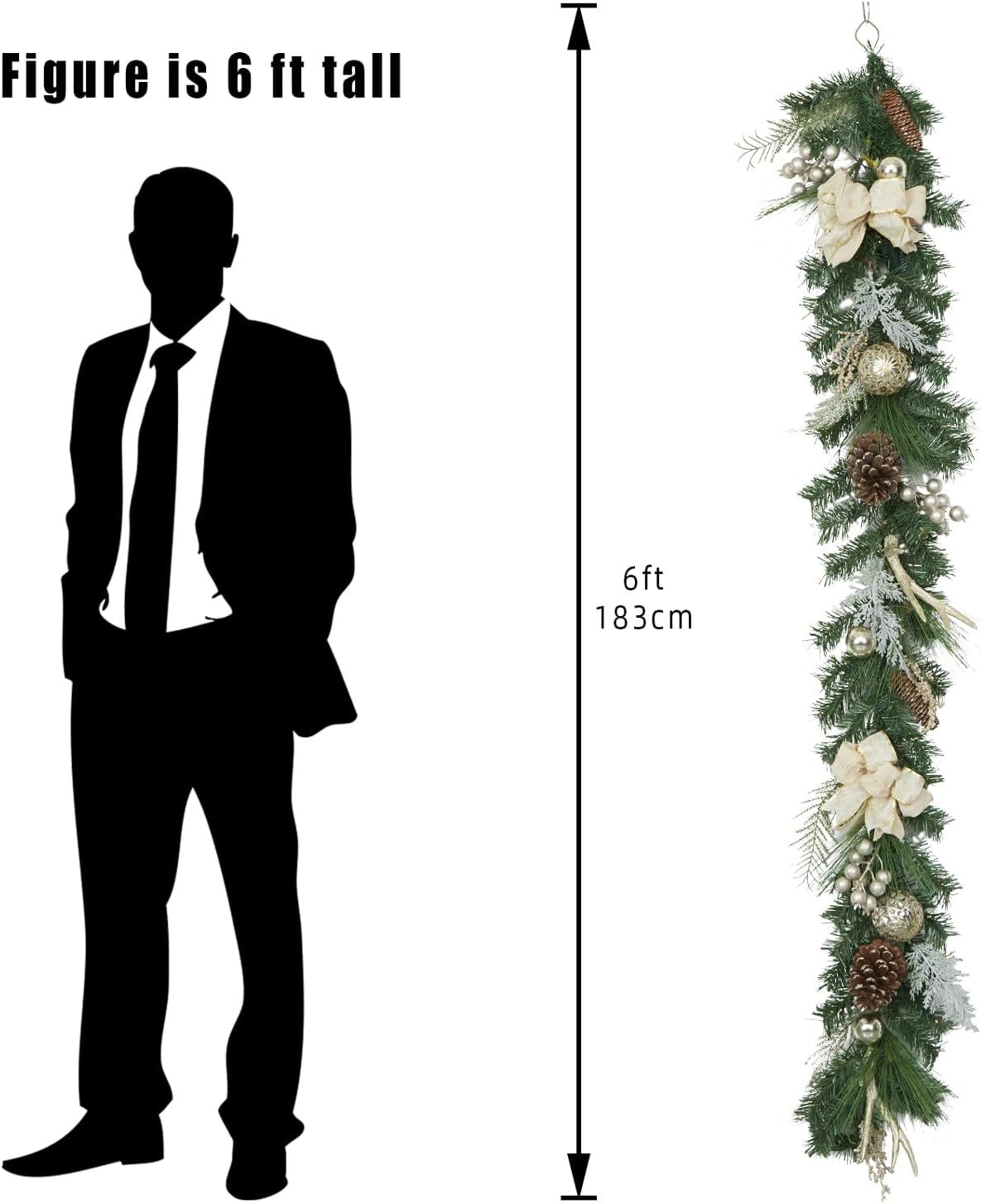 Garvee Christmas Garland with 20 Led Lights, 6 Ft Pre-Lit Gold Xmas Garland with Faux Antlers Bow-Knot Ball Ornaments, Battery Operated Garland with Timer for Mantle Staircase Table Decoration