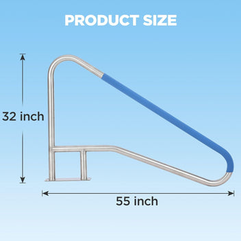 Garvee Pool Handrail 55x32 Pool Rail 304 Stainless Steel Silver Rustproof Pool Stair Rail with Blue Grip Cover Humanized Swimming Pool Railing, Quick Mount Accessories for Pools and Spas