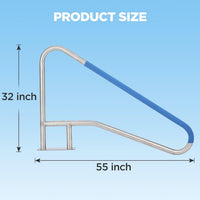 Garvee Pool Handrail 55x32 Pool Rail 304 Stainless Steel Silver Rustproof Pool Stair Rail with Blue Grip Cover Humanized Swimming Pool Railing, Quick Mount Accessories for Pools and Spas