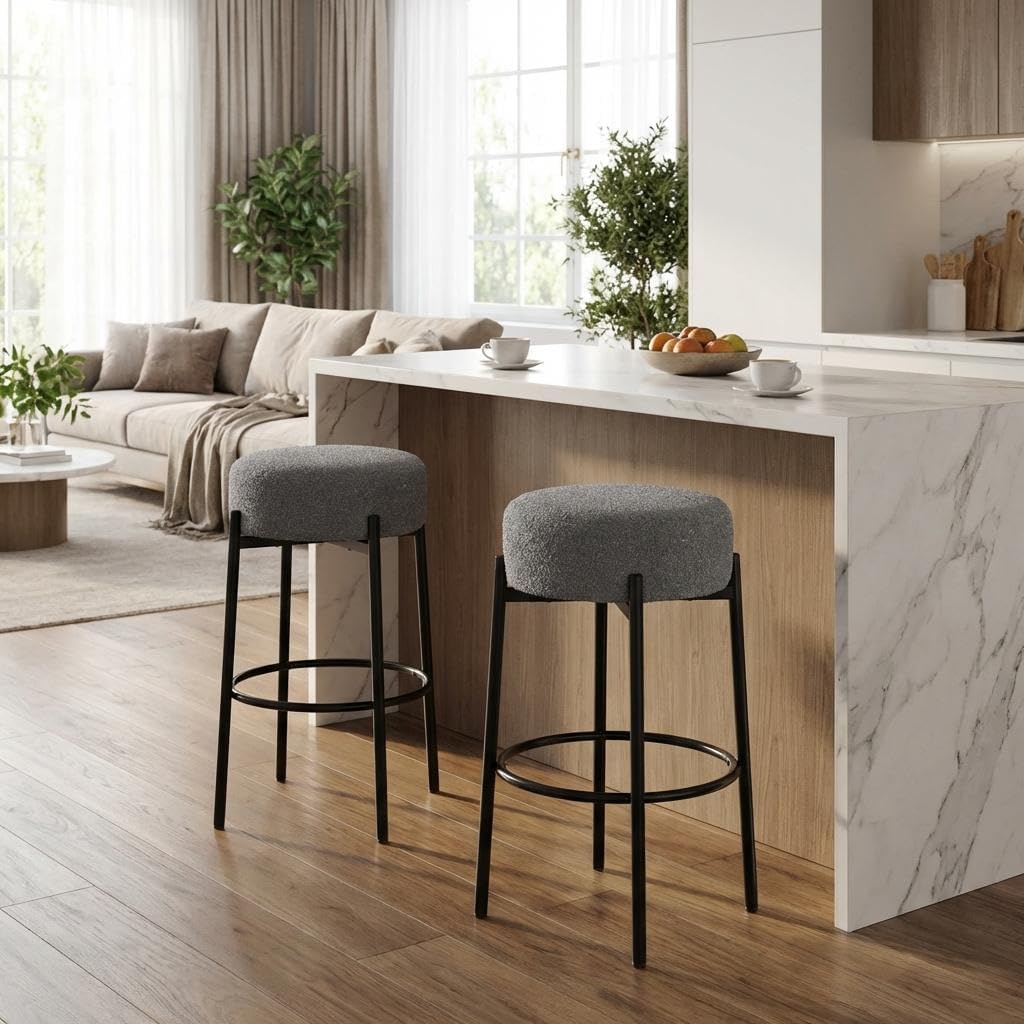 Garvee Set of 2 Modern Sherpa Upholstered Bar Stools with Metal Legs and Footrest for Kitchen Island, Dining Room, Dark Grey