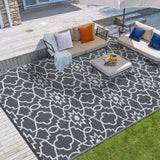 Garvee Outdoor Grey & White 9x12 Plastic Straw Rug, Waterproof Reversible Carpet for Camping, RV, Backyard, Deck, Beach - Gray & White