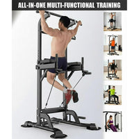 Garvee Freestanding Power Tower with Backrest & Resistance Bands for Home Gym, Adjustable Height 39-90", Black, 450 LBS Capacity