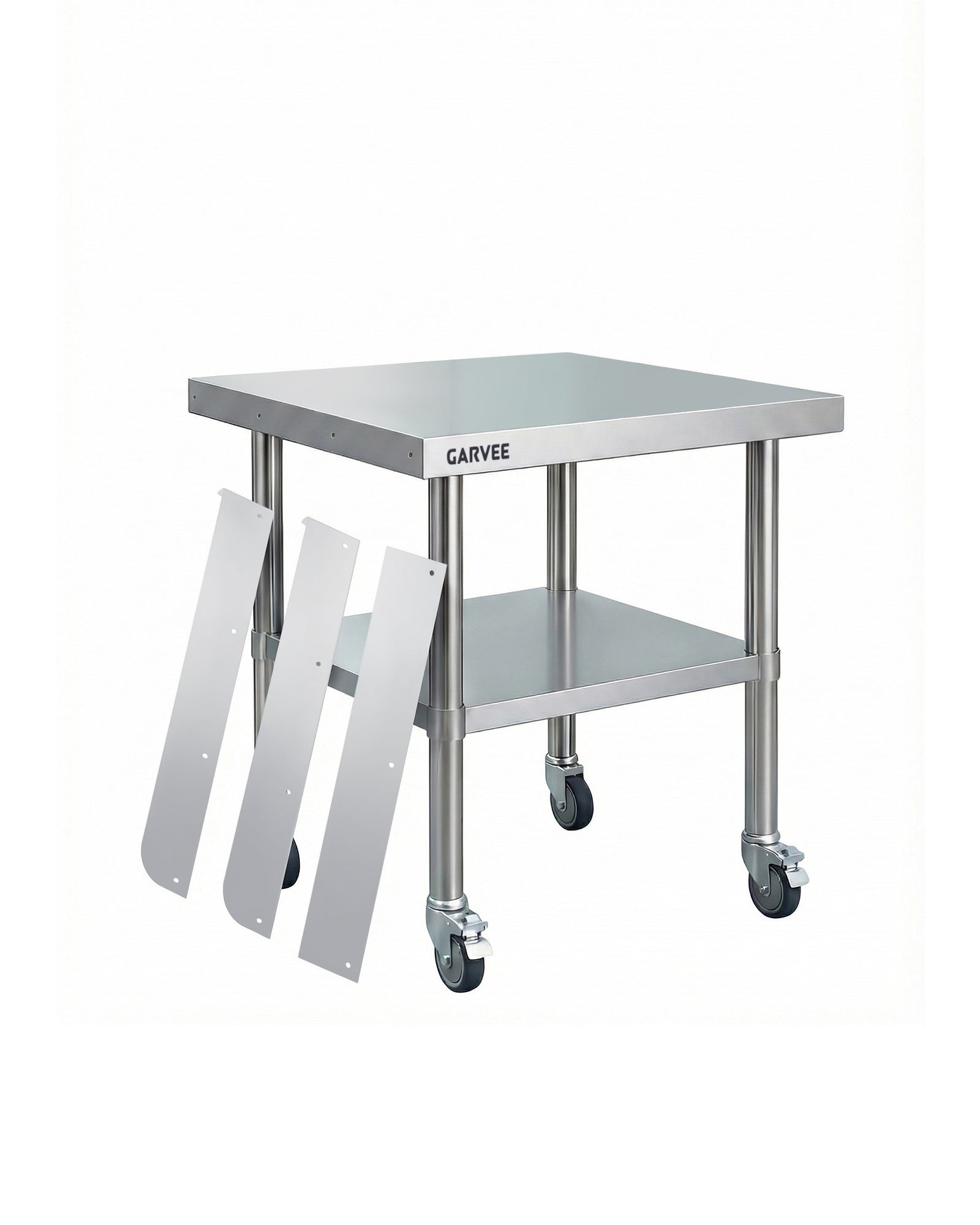 Garvee Heavy Duty Stainless Steel Commercial Work Table - 24x30 Inch - 3-Sided Detachable Backsplash - Adjustable Undershelf - Locking Casters - Mobile Food Prep Station for Restaurant, Kitchen, Garage, Bakery - Size: 24x30 inches