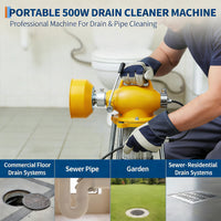 Garvee Drain Auger Sewer Snake - Portable Electric Drain Cleaner with Auto Feed, 500W Motor, Steel Cables & 6 Cutters, Heavy-Duty Steel (Yellow), for 1.6"-4" Pipes, Ideal for Home & Professional Use