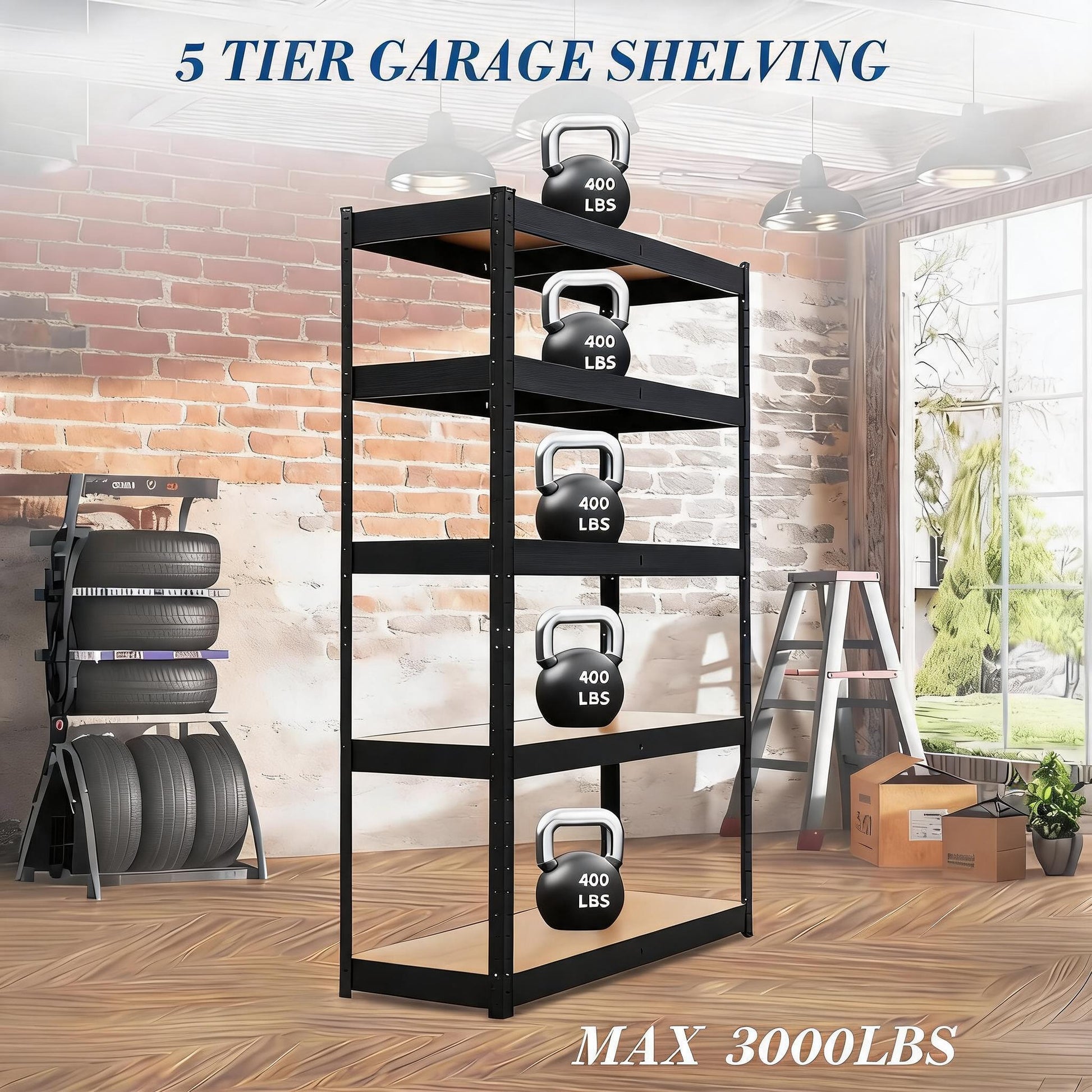 Garvee Heavy Duty 5-Tier Metal Storage Rack – Adjustable Shelving Unit, 35.4"x23.6"x72", 3000 lbs Capacity – Utility Organizer for Garage, Kitchen, Pantry, Basement – Black, Five Layers