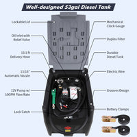 Garvee Portable Diesel Tank, 53 Gallon Fuel Tank with 12V Electric Fuel Transfer Pump, 10 GPM Diesel Transfer Tank with Auto Fueling Nozzle & 360° Swivel Connector with 13.1ft Hose (Black, 53 Gal)