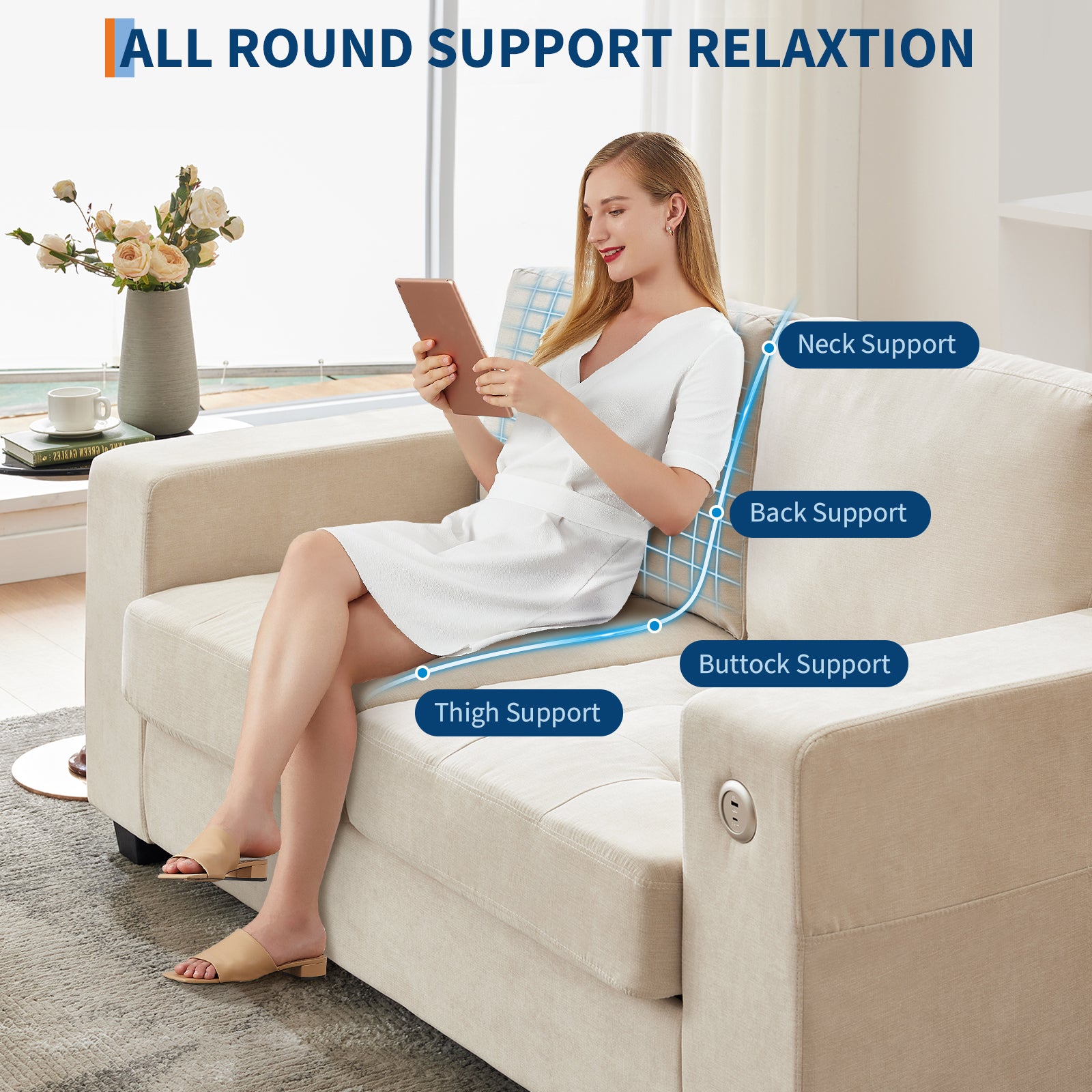Garvee 71" Chenille Fabric Sofa Modern Comfort Sofa with USB/Type-C Ports, Deep Seat Cushions, Removable Cover, Wide Armrests Ideal for Living Rooms, Small Spaces, and Apartments - Beige