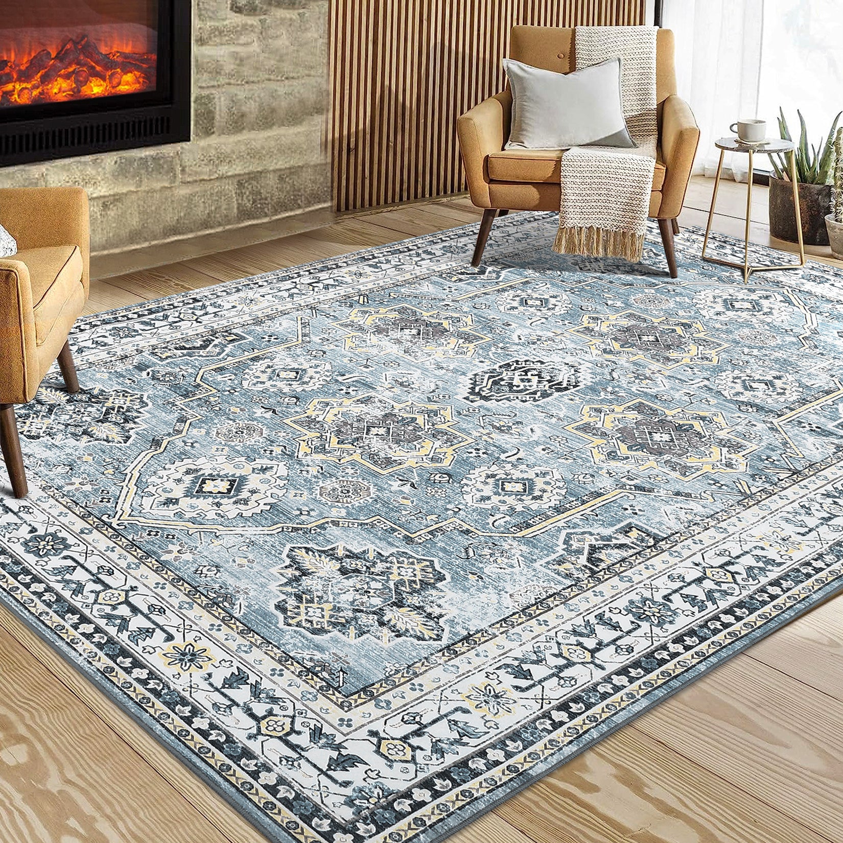 Garvee Washable Rugs 8 x 10 Rug for Living Room Boho Vintage Area Rug for Bedroom Indoor Floral Bohemian Oriental Large Rug Soft Non Shedding Stain Resistant Carpet for Dining Room 8'x10' Blue