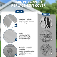 Garvee 10'x20' 160G Heavy-Duty Carport Replacement Cover Waterproof UV Protected for Garage Tent Shelter Outdoor Grey (Frame Not Included)