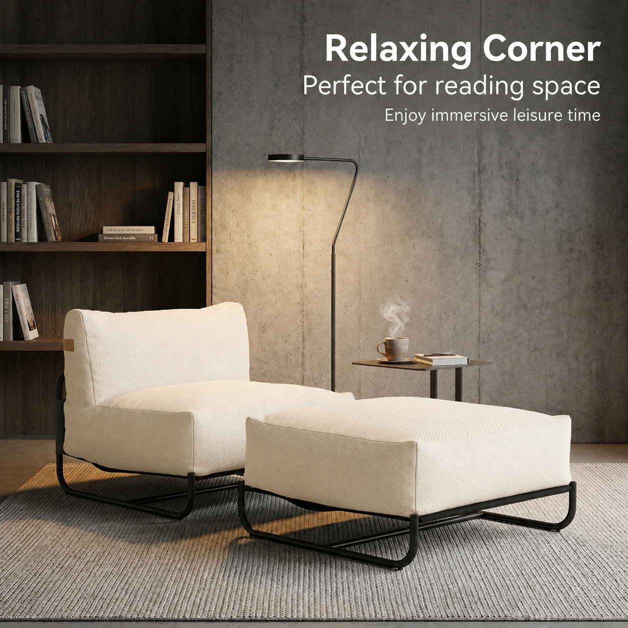 Garvee Outdoor Cloud Chaise Lounge Chair with Ottoman, Olefin Fabric Patio Lounge Sofa with Removable Off-White Cushion & Metal Frame
