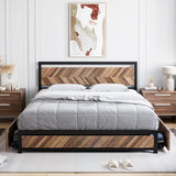 Garvee Queen Size Bed Frame with 4 Storage Drawers, Metal Platform Bed Frame with Rustic Vintage Wood Headboard, Strong Metal Slats Support, No Box Spring Needed, Noise Free, Easy Assemble (Walnut) - Brown