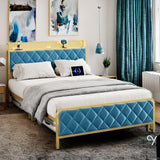 Garvee King Size Bed Frame, Storage Headboard with Charging Station, Platform Bed with Velvet Backrest, No Box Spring Needed, Easy Assembly, Teal - Teal
