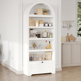 Garvee 72" Tall Arched Bookshelf with Storage Drawer – 6-Tier Bookcase Cabinet with Open Shelves & Metal Handle, Arch Display Storage Cabinet for Living Room, Kitchen, Home Office - White