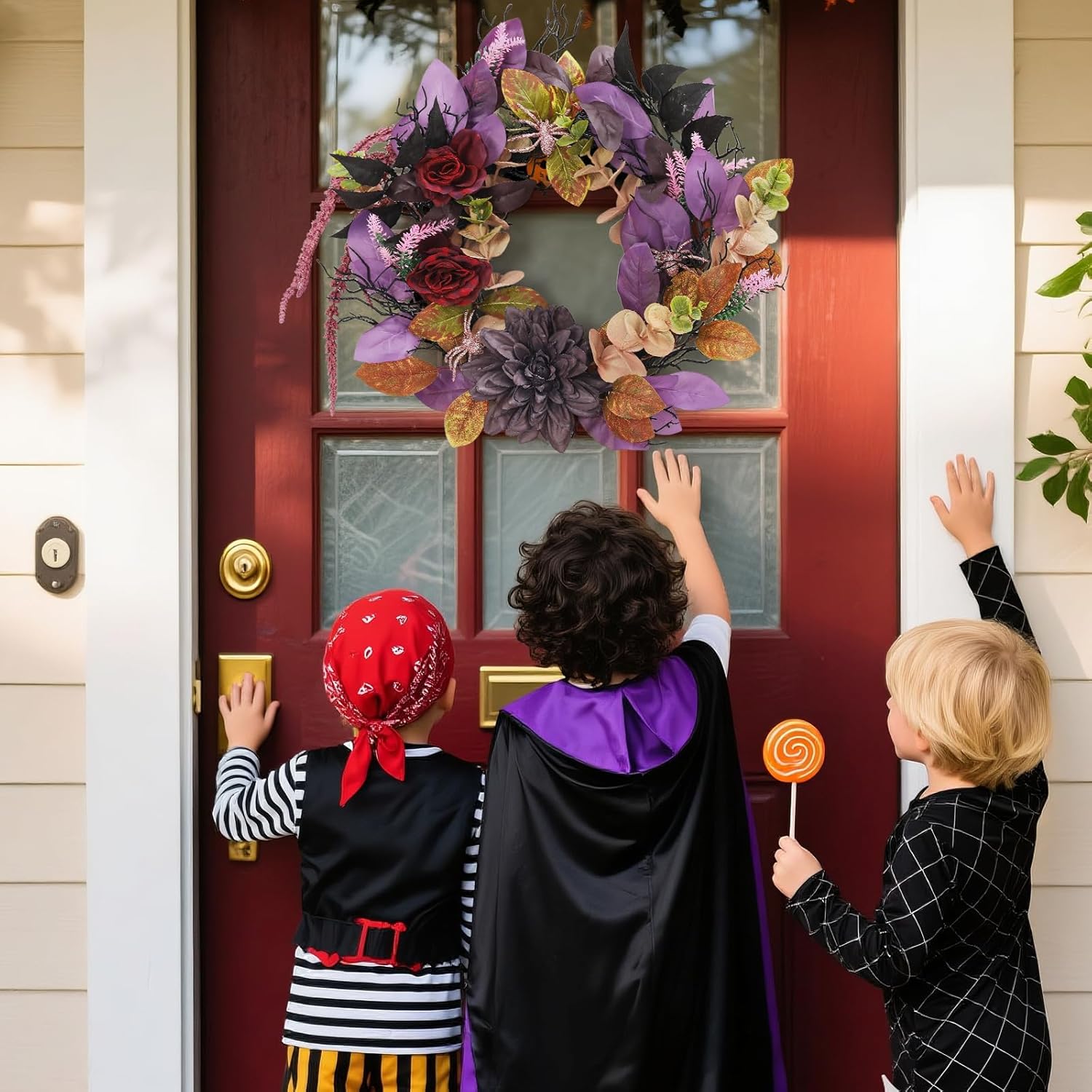 Garvee 18 Inch Halloween Wreath, Halloween Garland with Artificial Roses & Spiders, Indoor Outdoor Holiday Accent Decoration for Front Door Porch Wall Home Party Window, Red & Purple