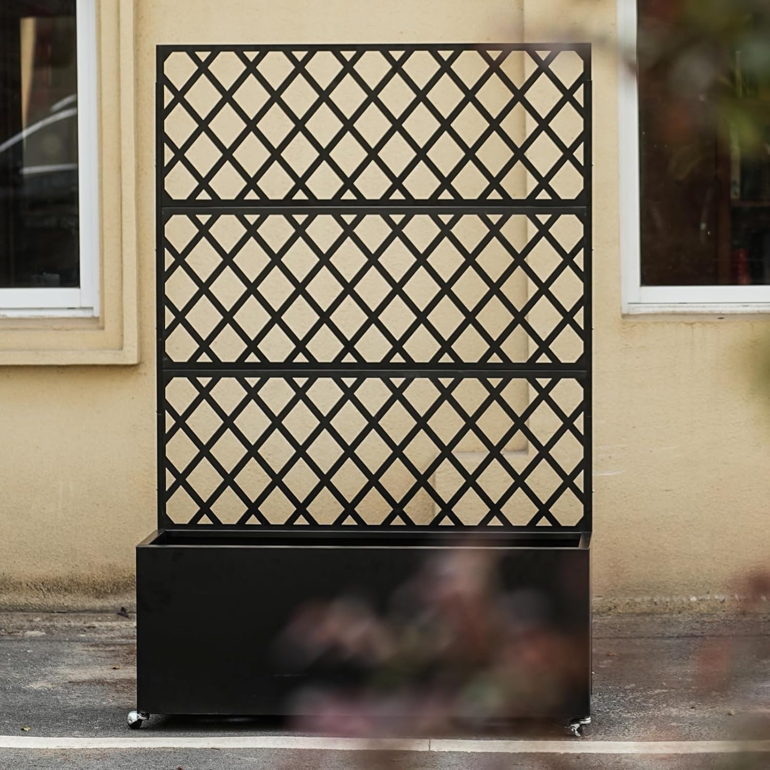 Garvee Mobile Black Galvanized Steel Raised Garden Bed with Trellis & Privacy Screen – Planter Box with Lockable Casters & Drainage Holes for Vegetables & Vines, Patio Deck or Yard – 71"X35"X16"