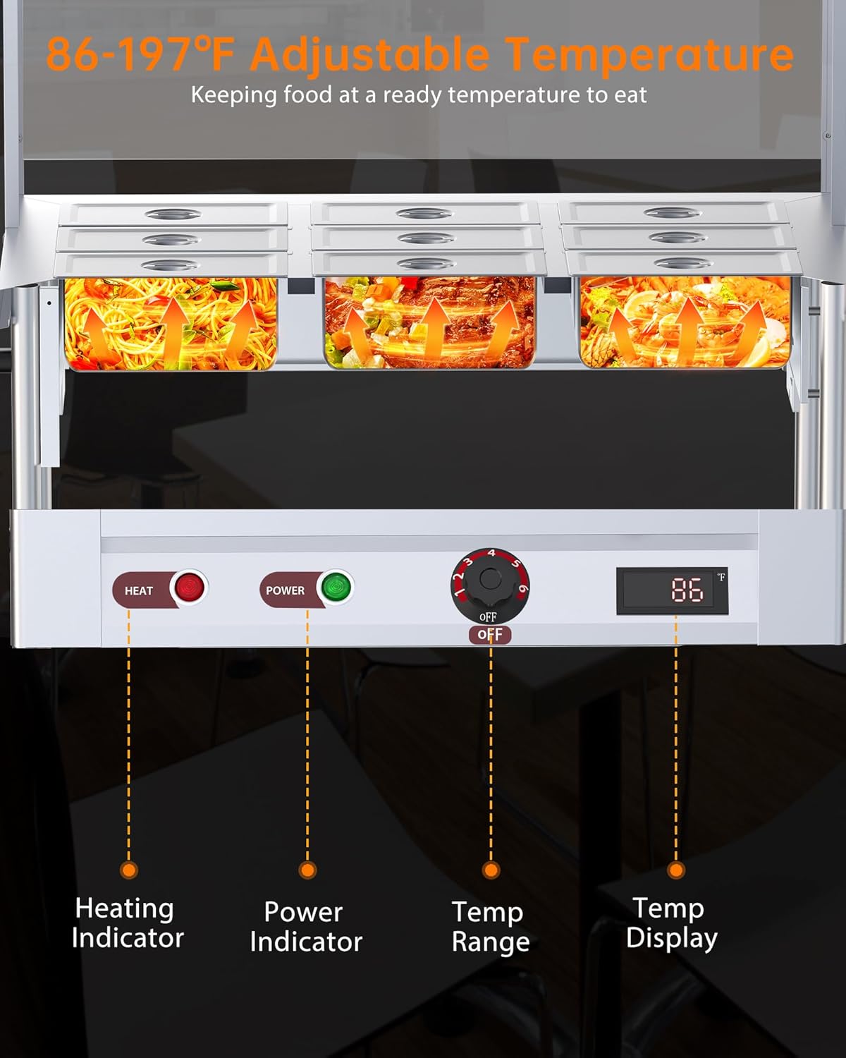 Garvee 72QT Commercial Food Warmer 9x8QT Electric Steam Table with Acrylic Shield Stainless Steel Bain Marie Countertop Lockable Wheels for Restaurants Buffets Party 1500W 110V