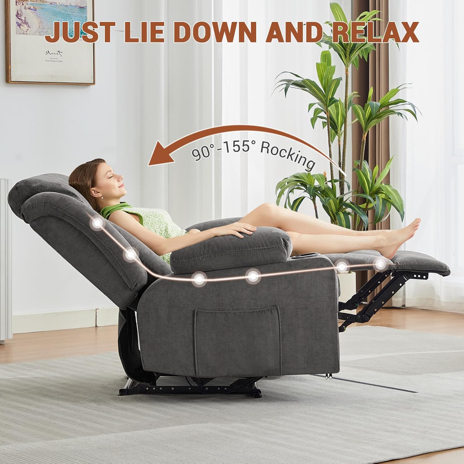 Garvee Recliner Chair 24" Seat Width, Manual Reclining Sofa with Massage and Heat, Comfy Overstuffed Rocking Chair with Side Pockets, Front Pockets and Cup Holder for Living Room, Gray
