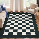 Garvee 9x12 Checkerboard Bedroom Rug – Scalloped Edge, Non-Slip & Machine Washable, Soft Durable Floor Mat for Living Room, Kids & Pets - Black & White