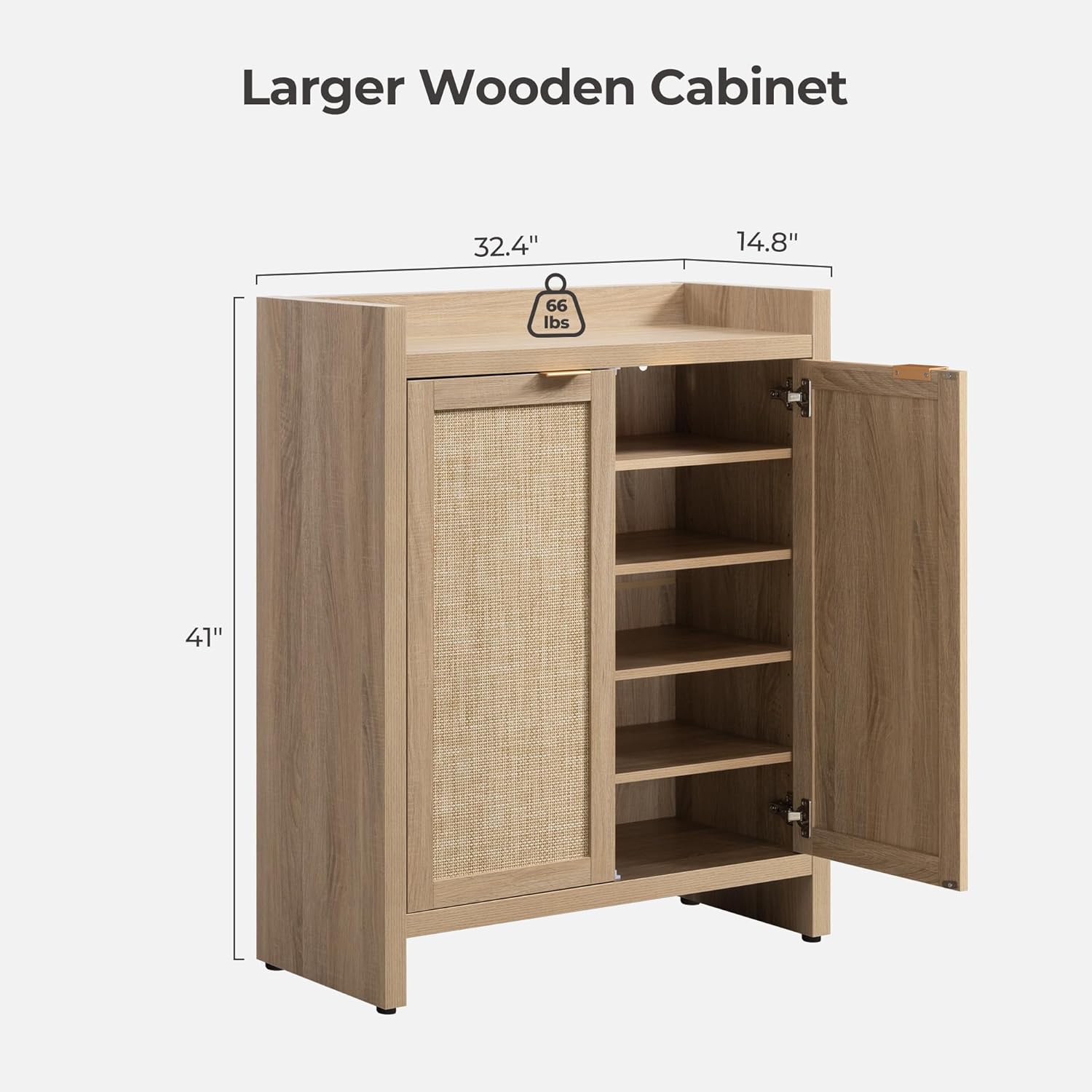 Garvee Boho 32" Rattan Shoe Storage Cabinet with 2 Doors and Adjustable Shelves for Entryway, Hallway, Living Room and Bedroom, Light Oak