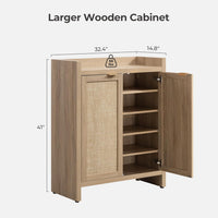 Garvee Boho 32" Rattan Shoe Storage Cabinet with 2 Doors and Adjustable Shelves for Entryway, Hallway, Living Room and Bedroom, Light Oak