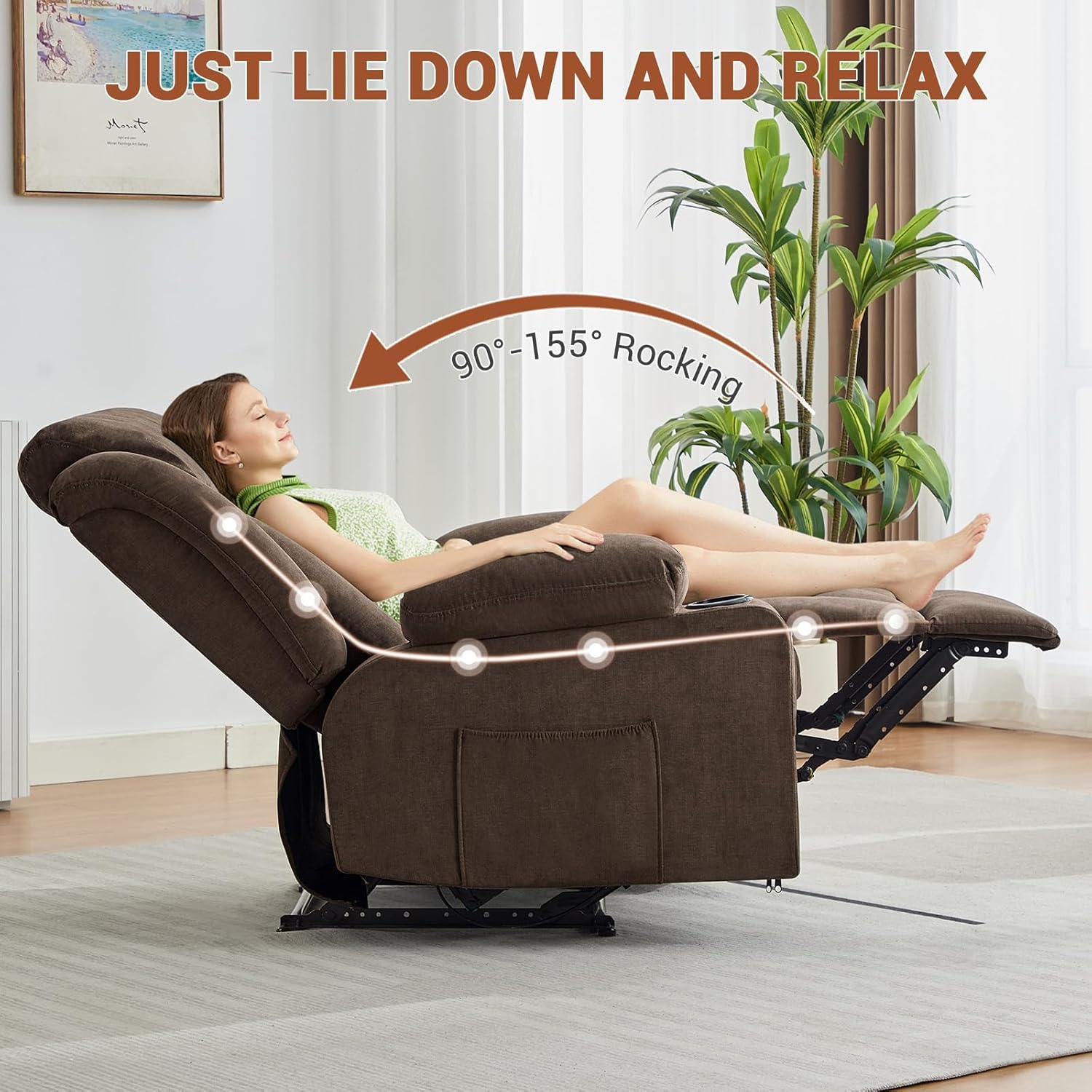 Garvee Recliner Chair 24" Seat Width, Manual Reclining Sofa with Massage and Heat, Comfy Overstuffed Rocking Chair with Side Pockets, Front Pockets and Cup Holder for Living Room, Brown