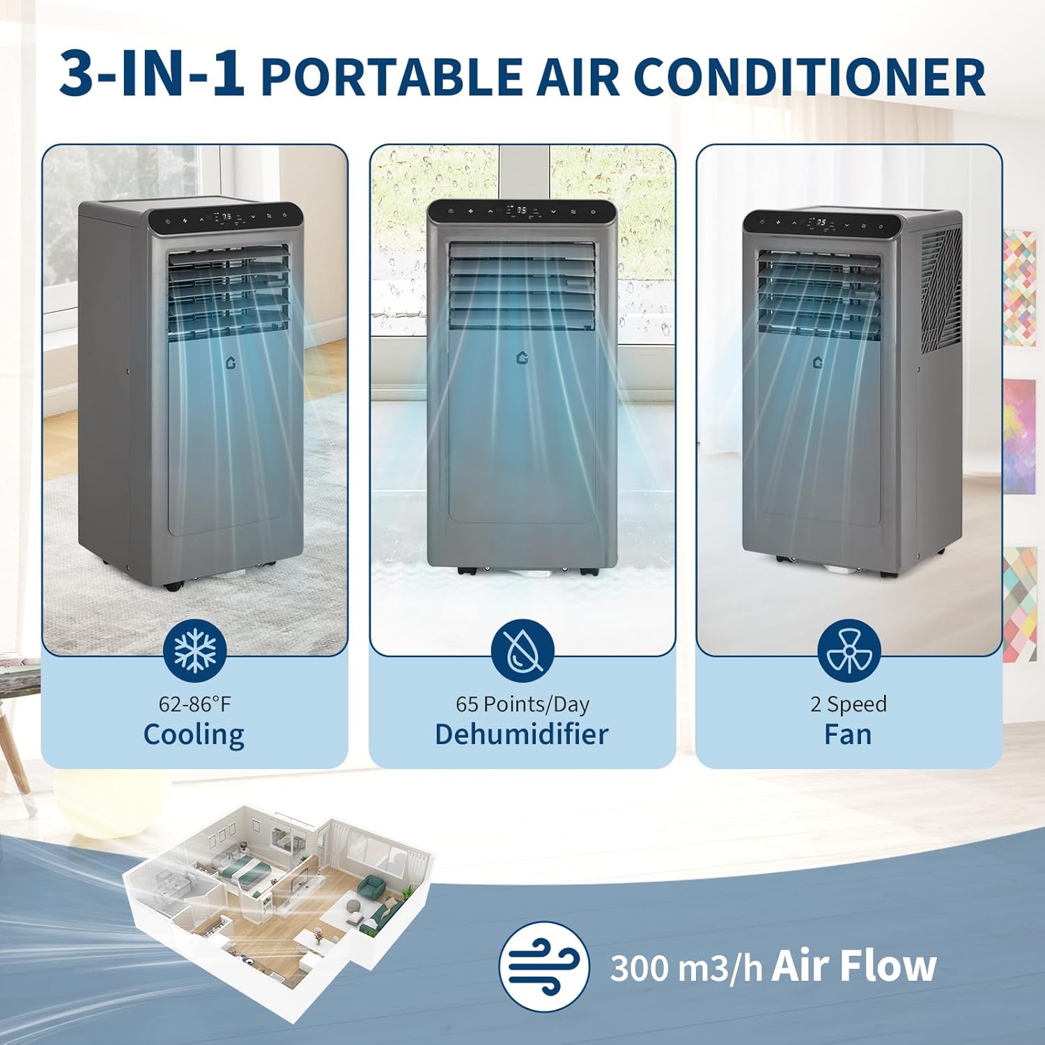 Garvee 10,000 BTU Portable Air Conditioner with Dehumidifier, Cooling, Fan 3-In-1, Drainage-Free Cooling, Cools Up to 450 Sq. Ft. with Remote Control, Gray