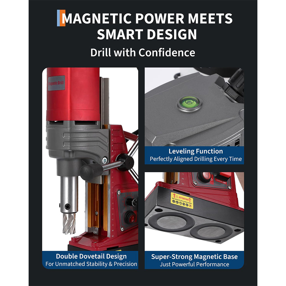 Garvee Portable Magnetic Drill Press Kit - 2" Boring Diameter, 1550W, 10-Speed Mag Drill, 820 RPM, 14,000N Magnetic Force, Double Dovetail Guide with Adapter & Bits for Steel and Metal Drilling