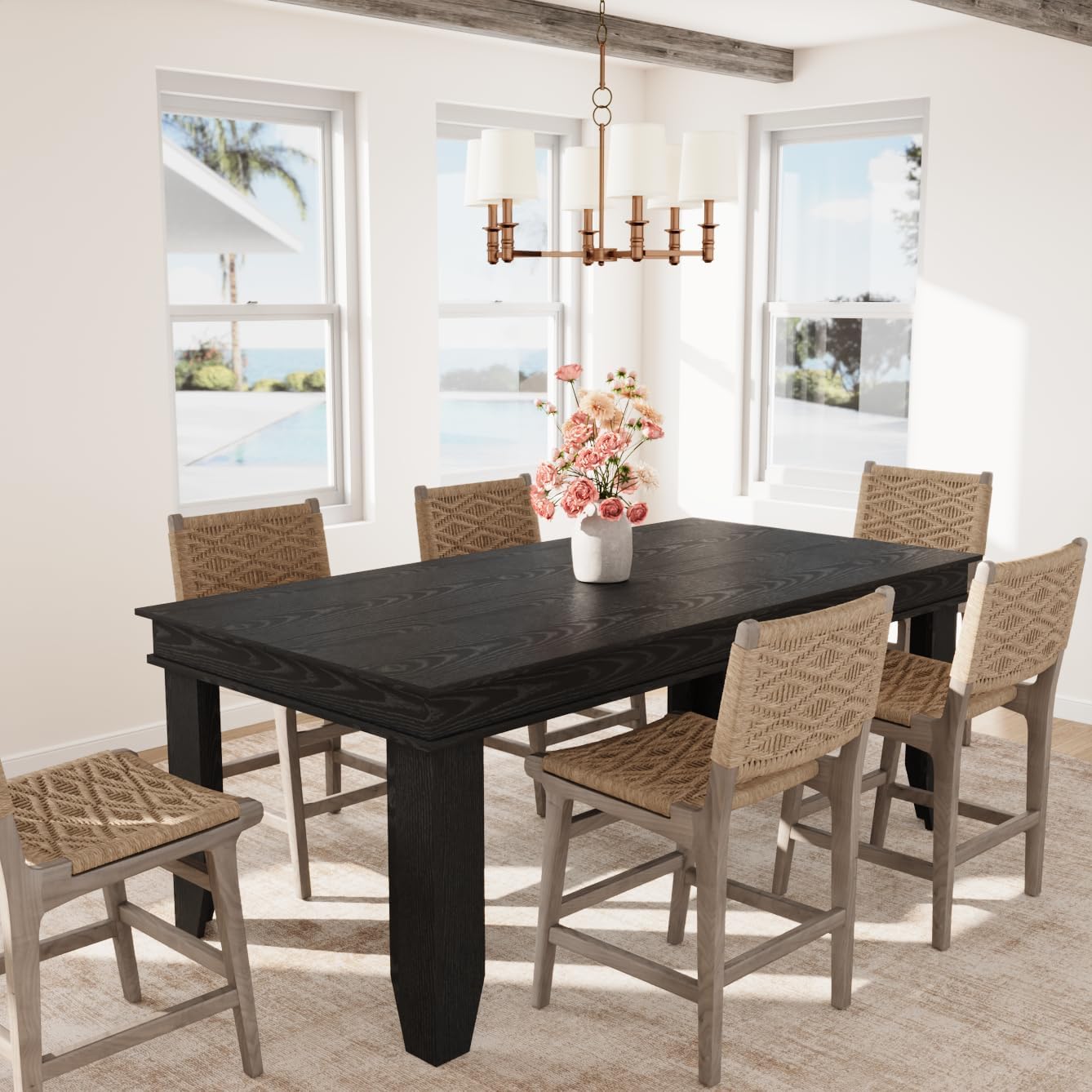Garvee Farmhouse 71" Wood Rectangular Dining Table with L-Shaped Legs Suitable for 6-8 People for Dining Room, Black