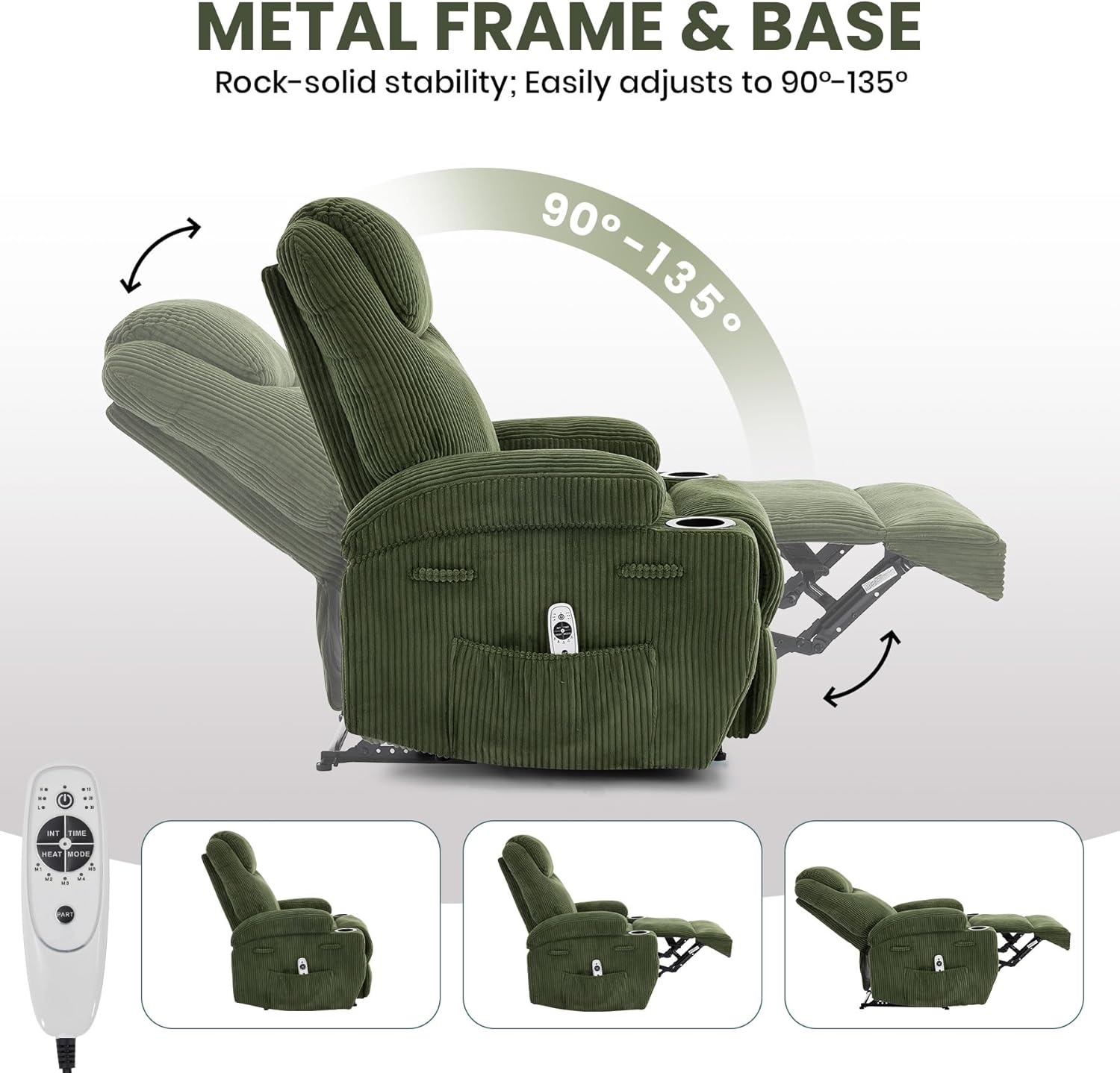 Garvee Manual Recliner Chair with Massage and Heat, Ultra-Comfortable 135° Adjustable Reclining Sofa for Living Room & Bedroom, with Cup Holders & Pockets, Corduroy Green